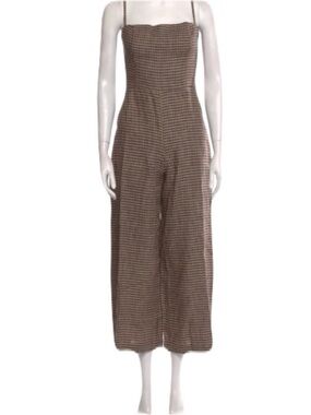 Reformation 0 Brown Gingham Checkered Plaid Sleeveless Linen Jumpsuit Cropped
